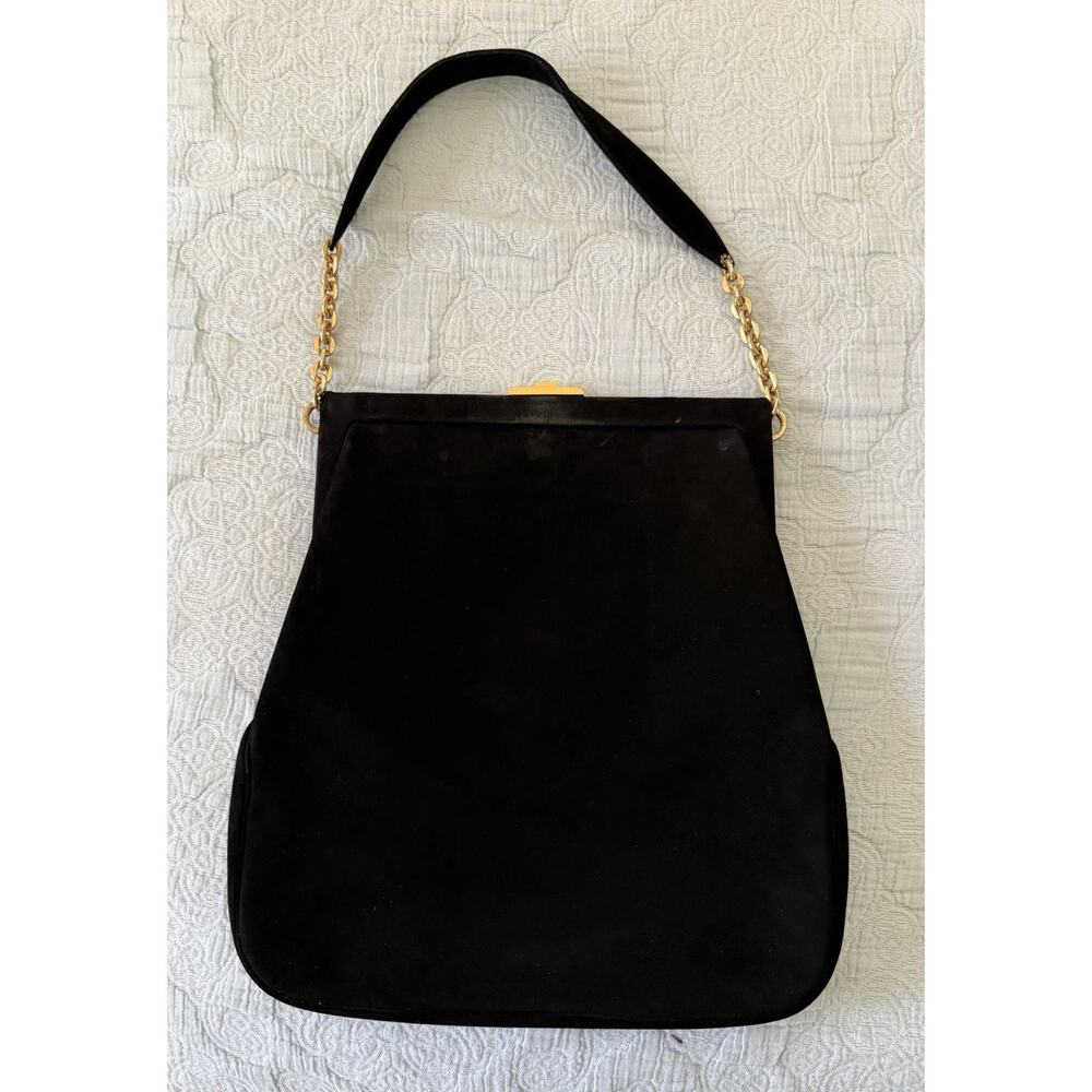 Koret Large Black Suede Leather Purse Gold Clasp Vintage MCM‎ 1960s